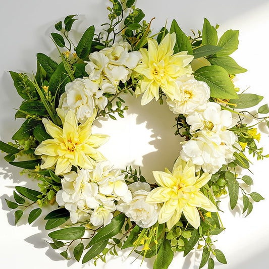 Nztze 22 Inch Summer Wreaths for Front Door, Spring Summer Floral Wreath - Yellow Dahlia and White Hydrangea, Spring Door Wreath for Front Door, Porch, Outdoor, Indoor, Window, Farmhouse Decor