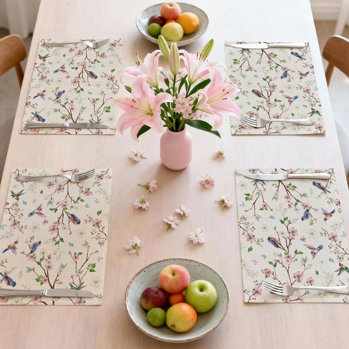 Cusugbaso Spring Placemats Set of 4 12x18 inch for Dinning Table - Floral Bird Branch Spring Decor for Party, Dinner - Farmhouse Seaosonal Table Mats Floral Decroations for Home