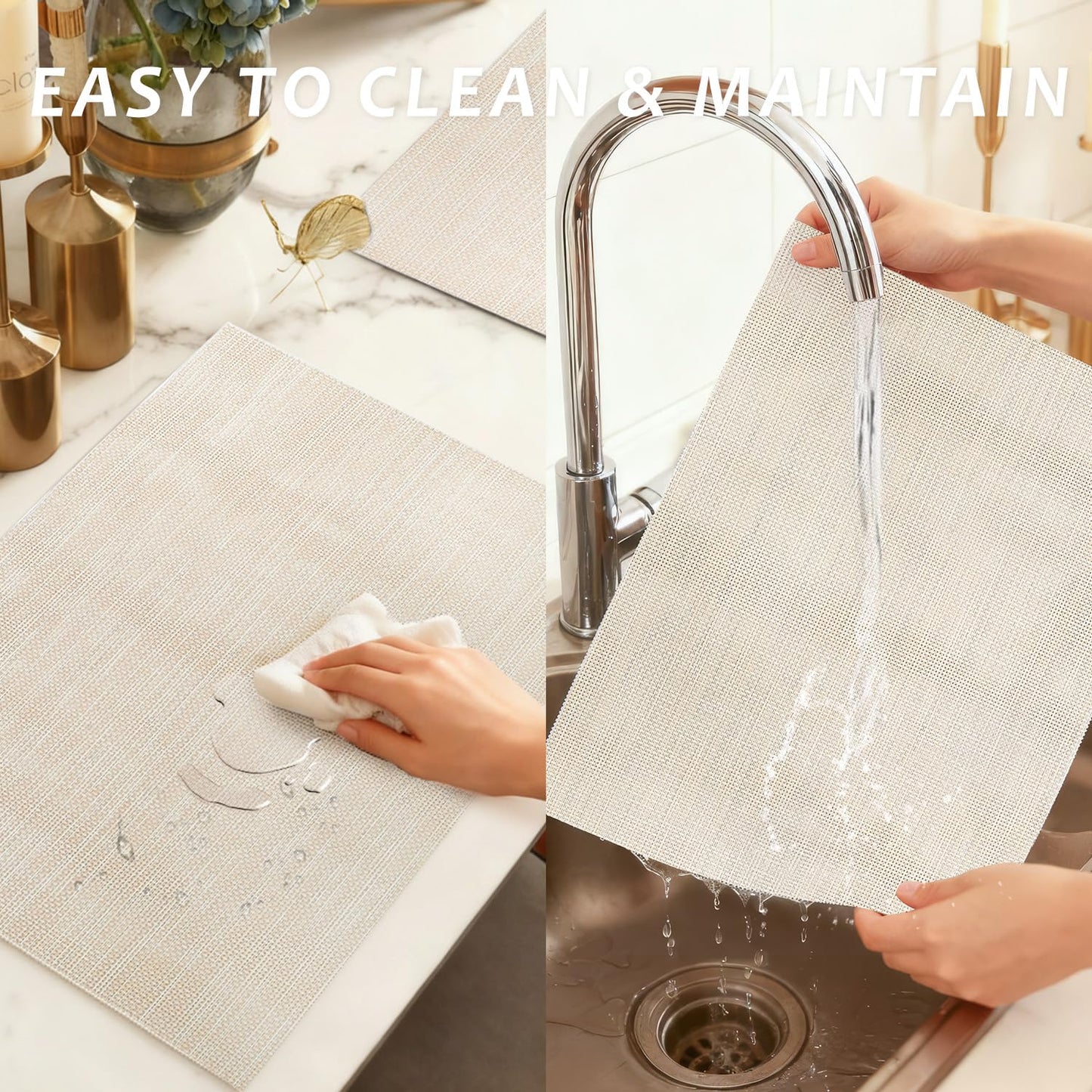 Durable Vinyl Placemats Set of 4, Non-Slip for Dining Table Mat, Heat Resistant Place Mats, Washable Anti-Slip PVC Easy to Clean Wipeable Premium Plastic Mats for Kitchen Beige