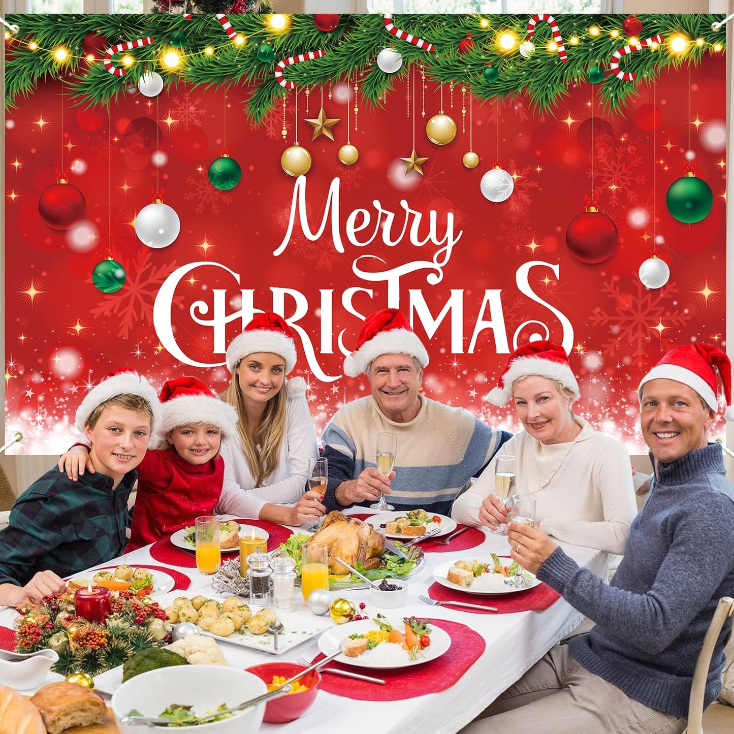 Merry Christmas Banner, Large Christmas Decorations Photo Banner Signs for Winter Indoor Outdoor Hanging Decor Wall Office Home Classroom, Red