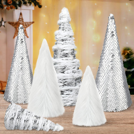 Kigley 6 Pcs White Feather Christmas Cone Tree 10.5" 8" 6" Cone Pedestal Decor Silver Sequins Christmas Tree Table Decorations Xmas Table Centerpiece Farmhouse Xmas Home Winter Holiday Tabletop Decor