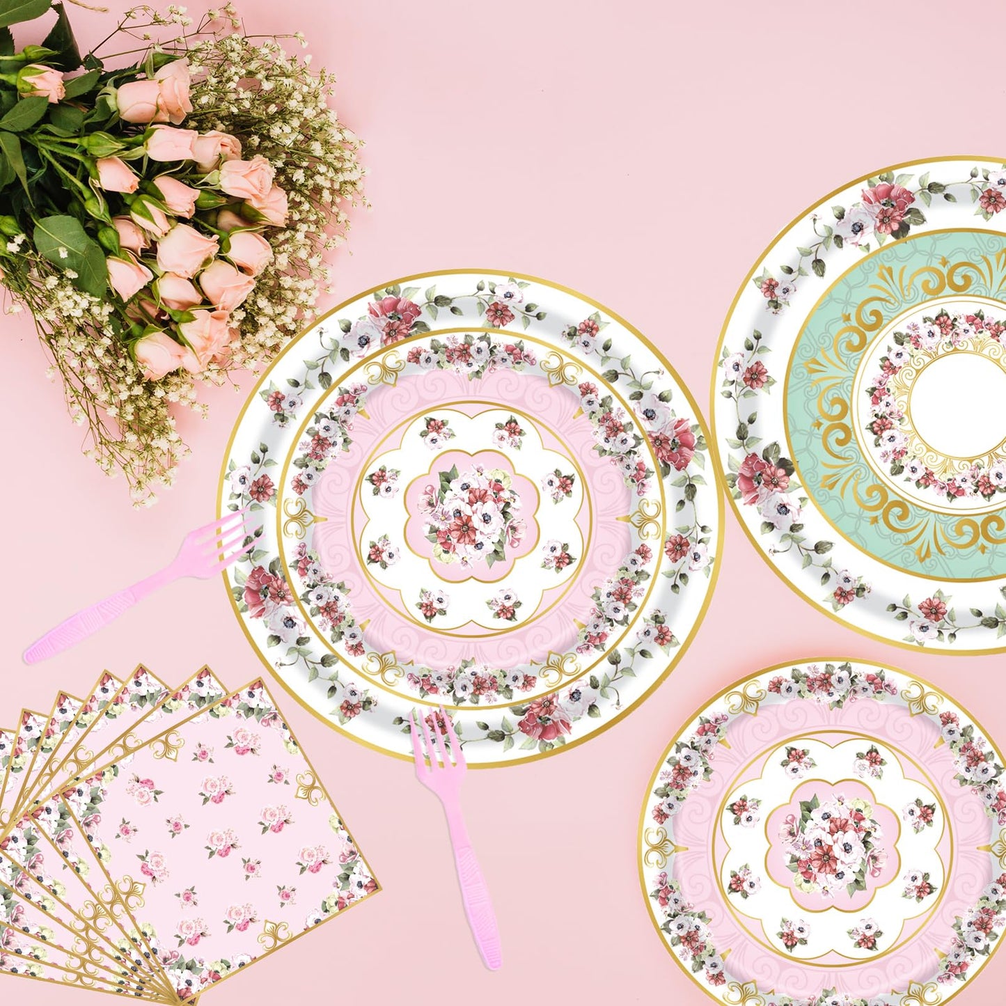 Fyeoxle 96pcs Floral Party Supplies Flower Paper Plates and Napkins Tableware Set for 24 Guest Floral Party Disposable Paper Dinner Plates Napkins Forks for Birthday Bridal Shower Tea Party Supplies