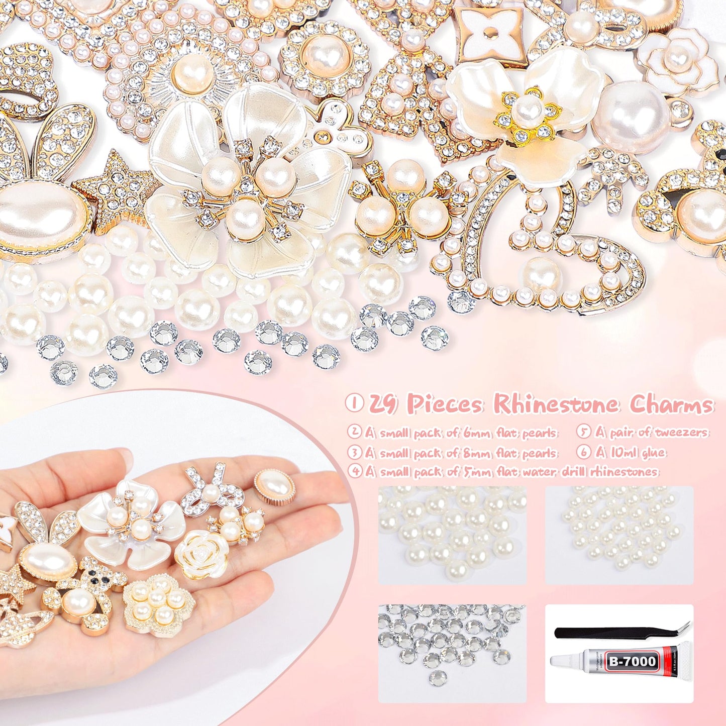 Junk Case Charms Kit with Gule, Junk Phone Case Decorating Kit with Bling Flower Butterfly Flatback Pearls Rhinestone Accessories for DIY Phones Case Deco Making Supplies