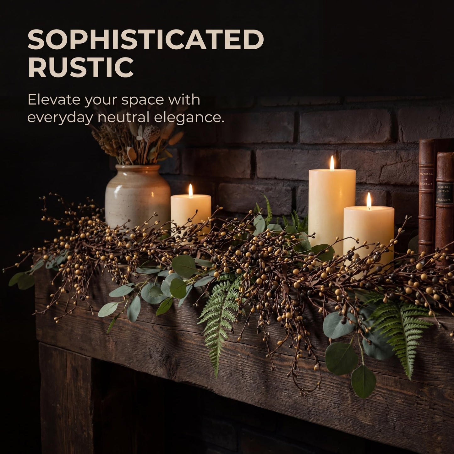 Quixem 60 Inch (5FT) Rustic Grey Cream and Tan Pip Berry Garland for Fireplace Mantel & Table Runner, Flexible Wired Artificial Vine, Everyday Farmhouse Decor, Precise Size