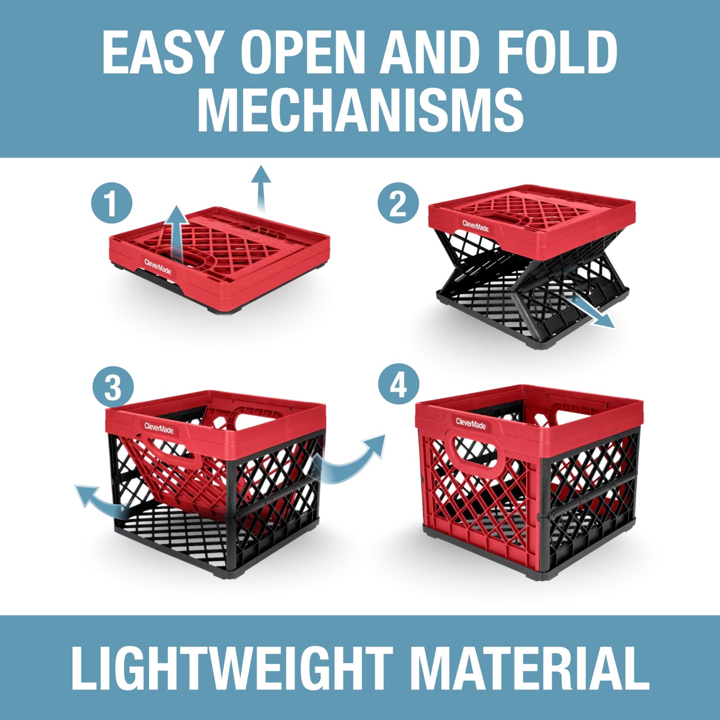 CleverMade Collapsible Milk Crate 25L (6.6 Gal), 50 lb Capacity Heavy Duty Folding Crate – Stackable Storage Crates with File Rails, Plastic Collapsible Crates - Red