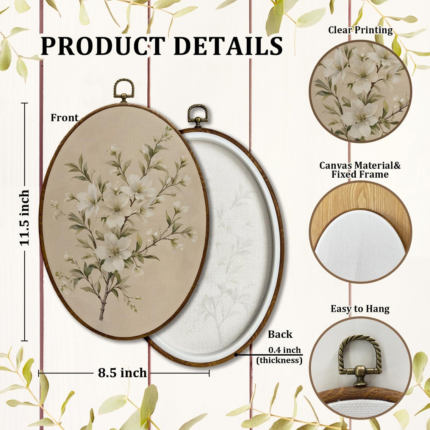 JQF Vintage Floral Oval Framed Wall Art, Cottagecore Retro Flower Botanical Oval Canvas Wall Decor, Rustic Floral Framed Prints Hanging Decor for Home Bedroom Living Room, 8.5x11.5 Inch