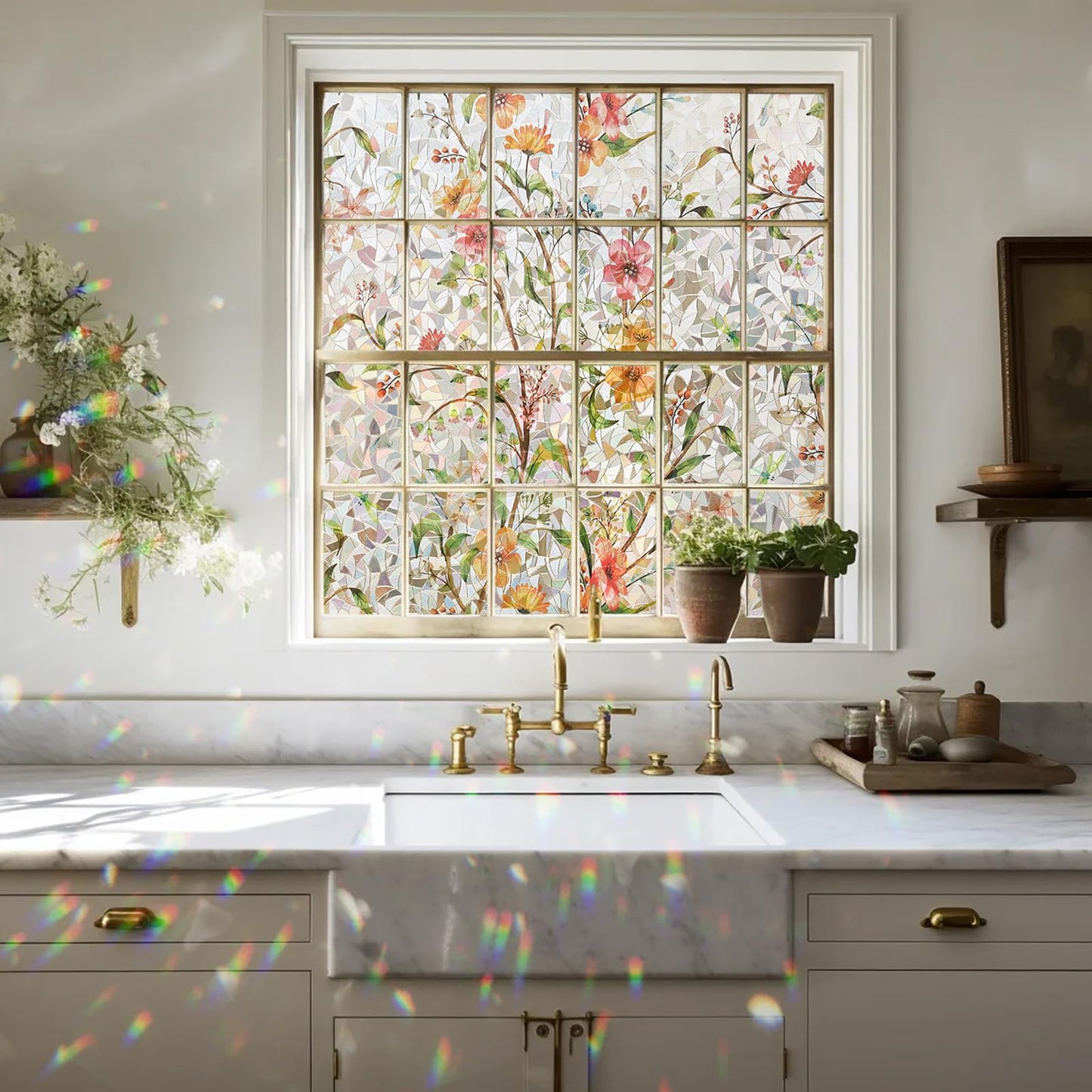 Kromapolis Window Privacy Film Floral Rainbow Decorative Stickers, 3D Static Stained Glass Cling, Removable Cover for Home Heat Control Anti-UV, Car Sunroof Vinyl Decals Non-Adhesive, 17.5'' x 78.7''