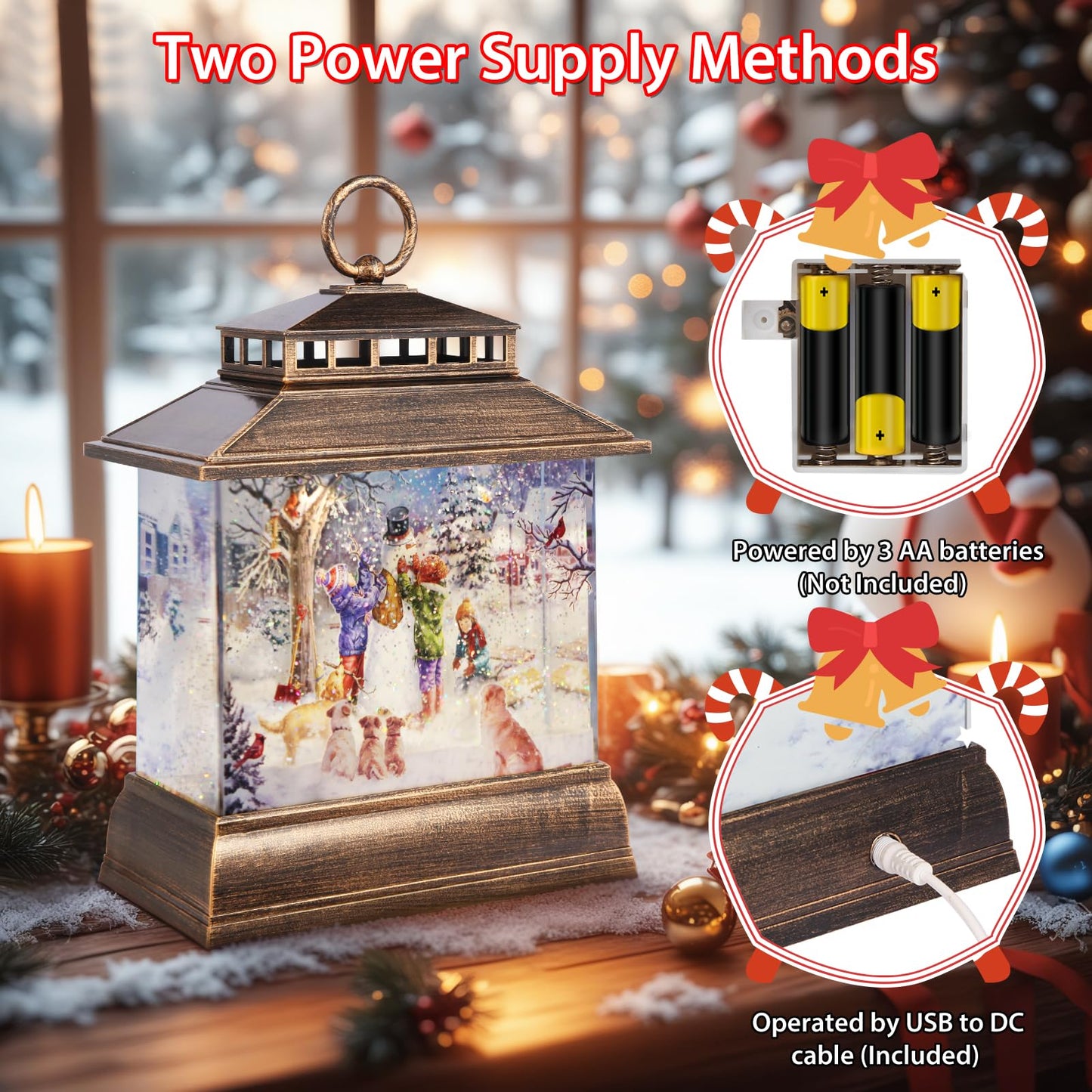 Christmas Snow Globe Lantern Water Glittering Lantern with 8 Songs & 6H Timer Romote Control Christmas Snow Globes USB & Battery Operated for Holiday Festival Decorations Gifts (Snowman and Children)