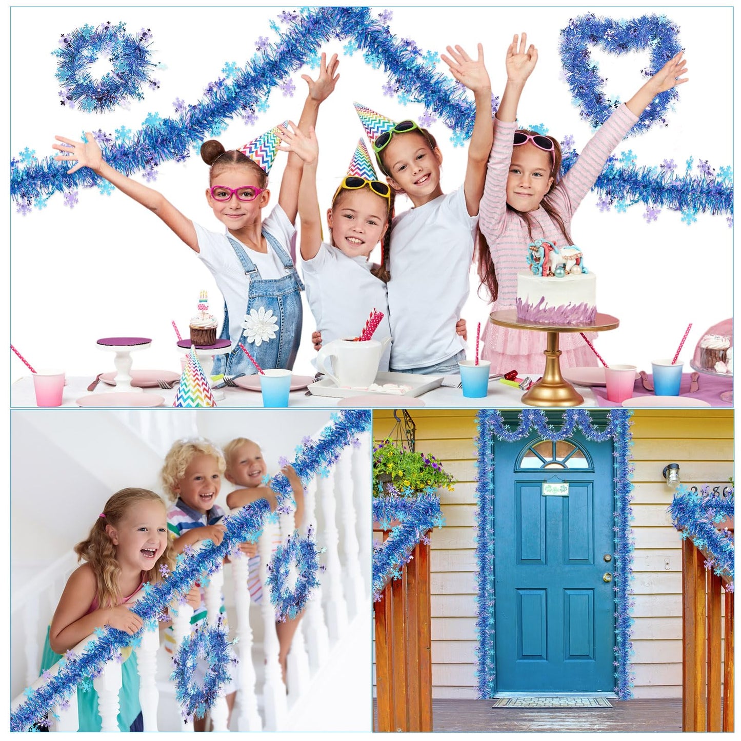 Blosssound 26 Feet Blue Purple Snowflakes Tinsel Garland Glitter Metallic Tinsel Twist Banner Shiny Iridescent Garland for Indoor Outdoor Ceiling Wall Christmas Tree Birthday Party Decorations