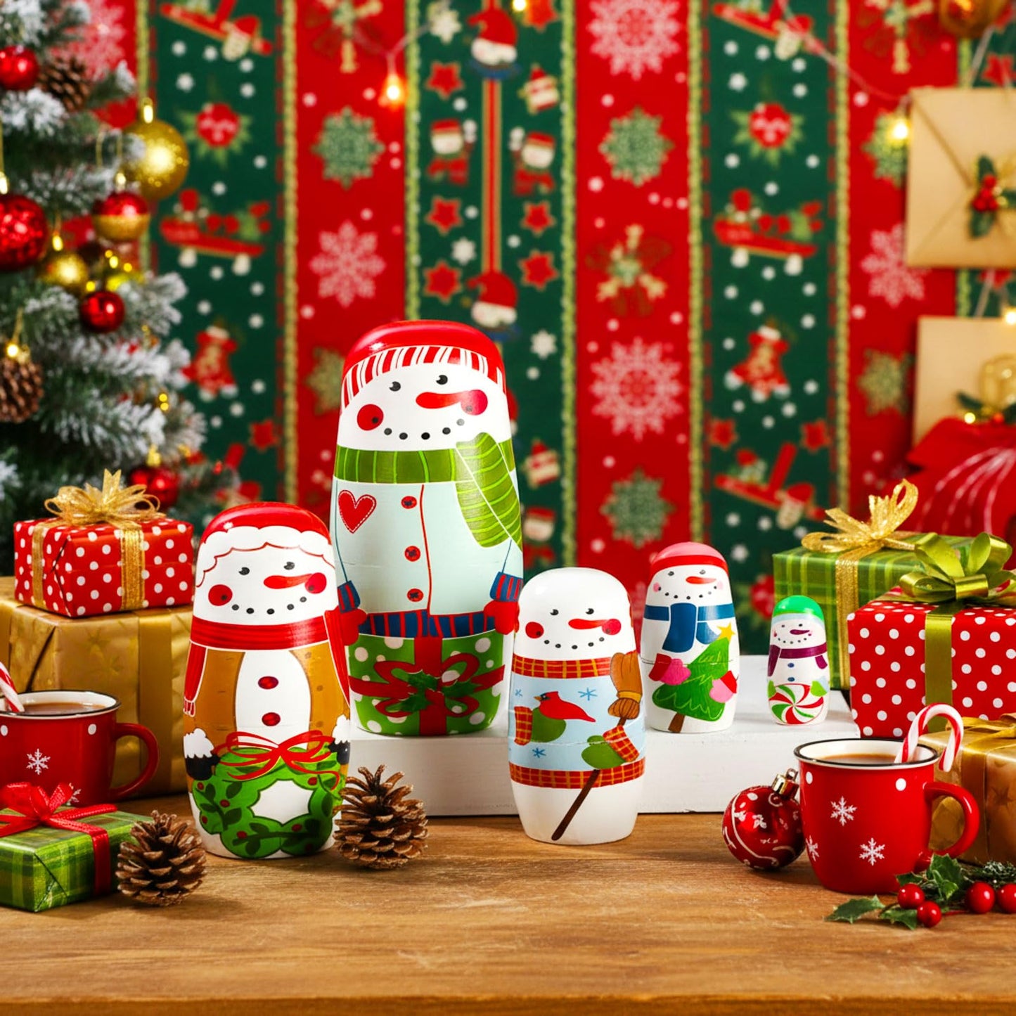 Gejoy Russian Nesting Dolls for Kids Handmade Matryoshka Wooden Stacking Toys Nesting Dolls Collectible Gifts for Winter Christmas Holiday Present Boys Girls Adults Home Decor(Snowman)