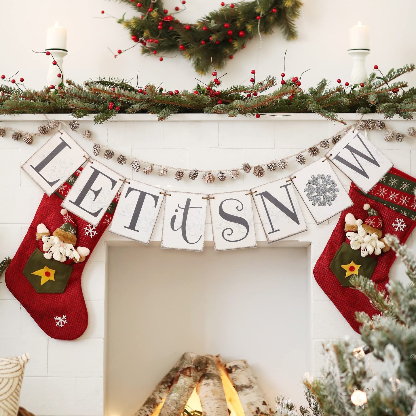 Let it Snow Winter Wonderland Banner, Wooden Sign Decor, Winter Banner for Mantle Indoor, Decoration for Inside Mantle Fireplace Party Window