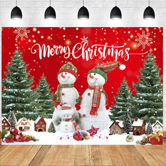 LTLYH 7x5ft Christmas Photography Backdrop Merry Christmas Snowman Backdrop Red Winter Wonderland Background with Trees and Houses for Photography Holiday Party Decorations 288