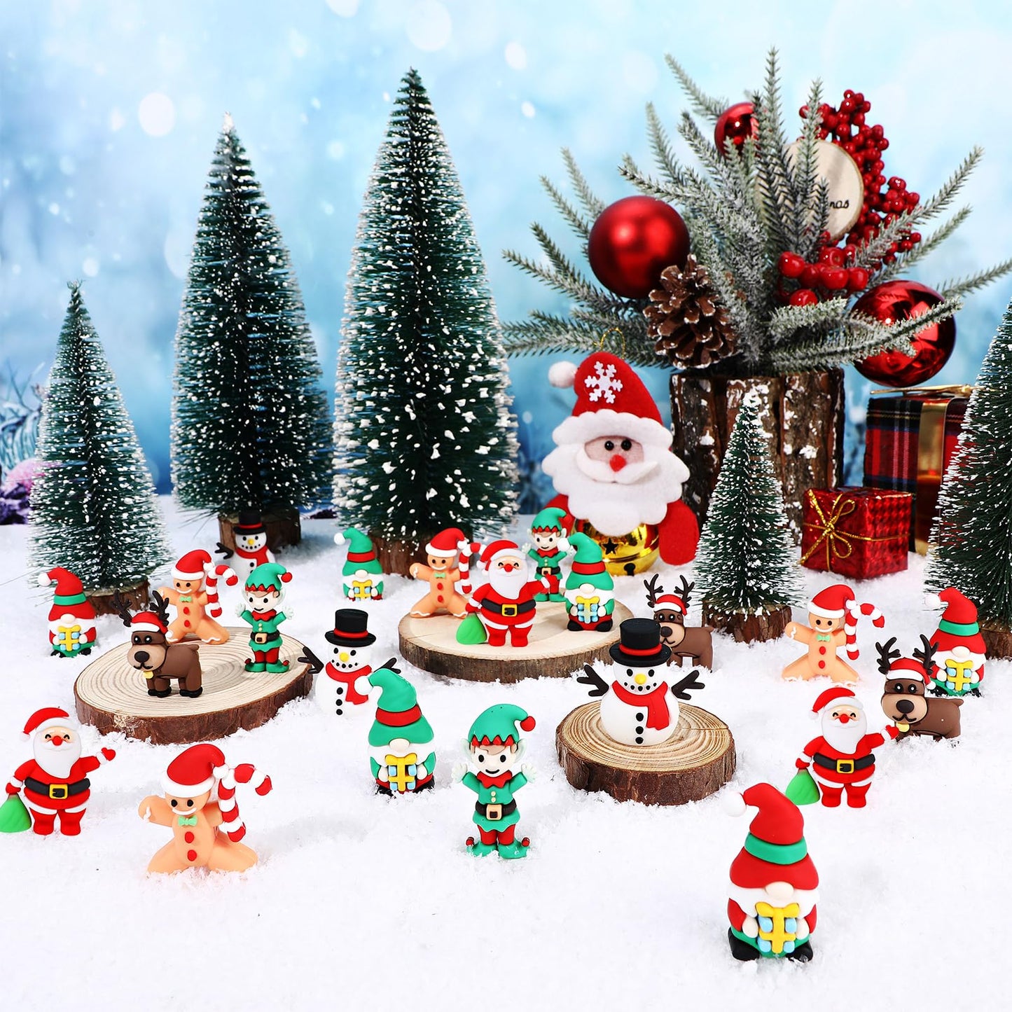 Halloscume 50 Pcs Mini Christmas Figurines Rubber Miniature Snowman Santa Gnome Reindeer Gingerbread Collectible Elf Figurines Ornaments for Home Table Decoration Xmas Holiday Party Supplies Gift