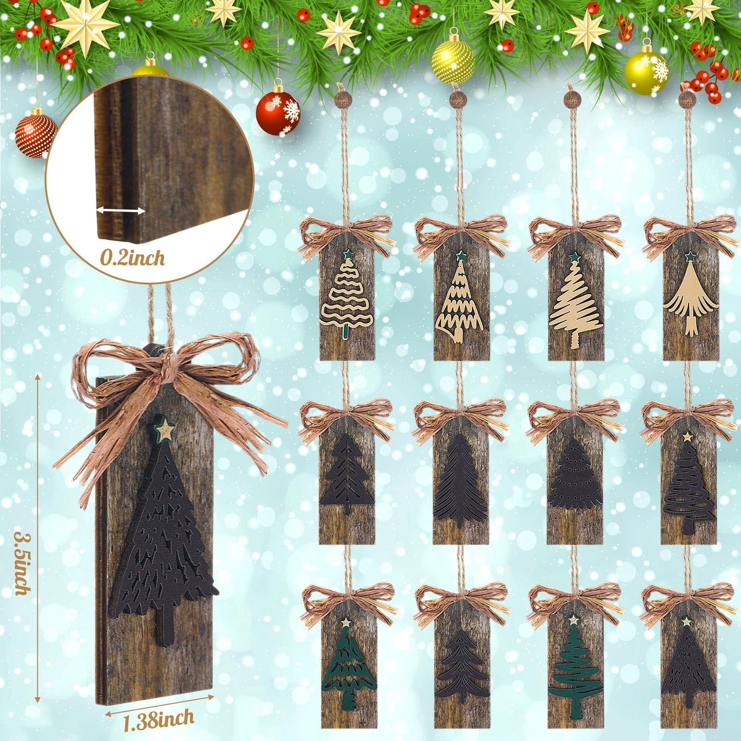 Civaner 24 Pcs Rustic Christmas Tree Ornaments Farmhouse Ornaments for Tree Natural Wooden Label Hanging Decorations for Home Office Fireplace Wreath Garland Winter Holiday Xmas Party Decor(Brown)