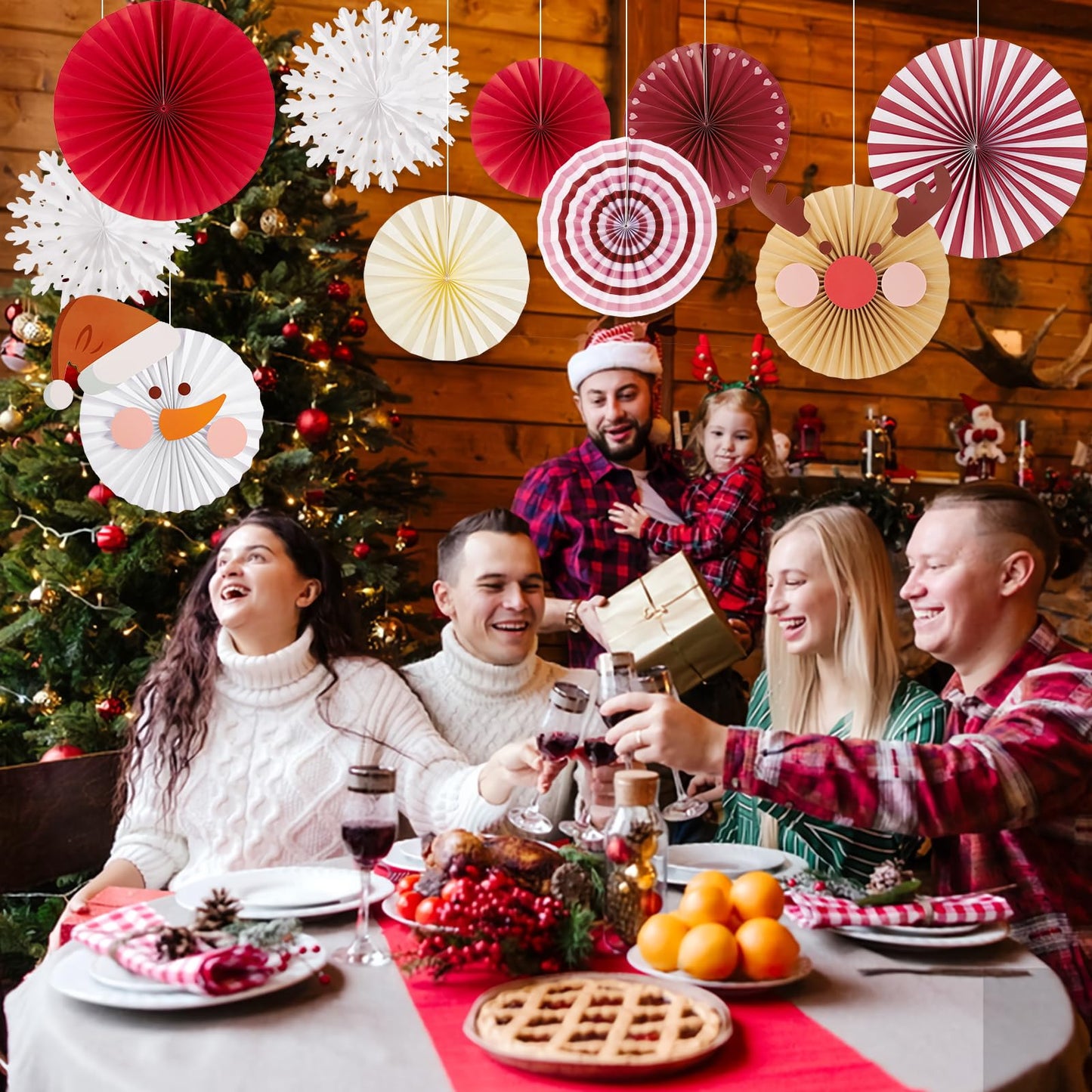 SUNBEAUTY Christmas Party Decorations Christmas Classroom Decorations Hanging Paper Fans with Reindeer Snowman for Xmas Holiday Ceilings Wall Decor Winter New Year Party Supplies