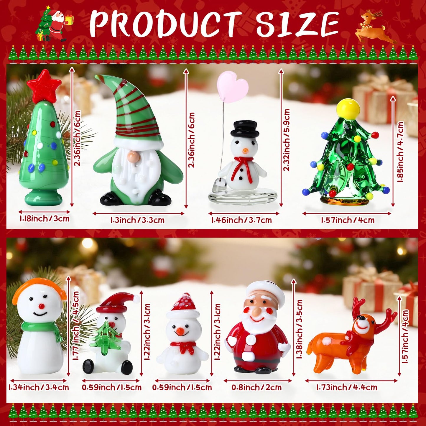 BrightRow 9 Pcs Blown Glass Christmas Tree Mini Christmas Figurines Sets Include Snowman Gnomes Reindeer Santa Claus Miniature Holiday Ornaments for Tabletop Home Decorations
