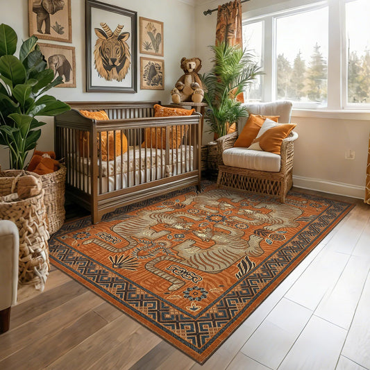 GarveeHome 4x6 Tiger Washable Area Rug for Kids Room, Boho Terracotta Bedroom Rug Non Slip Low Pile Vintage Tribal Carpet Stain Resistant Throw Rug for Dorm Nursery Room Playroom Office Dining Room
