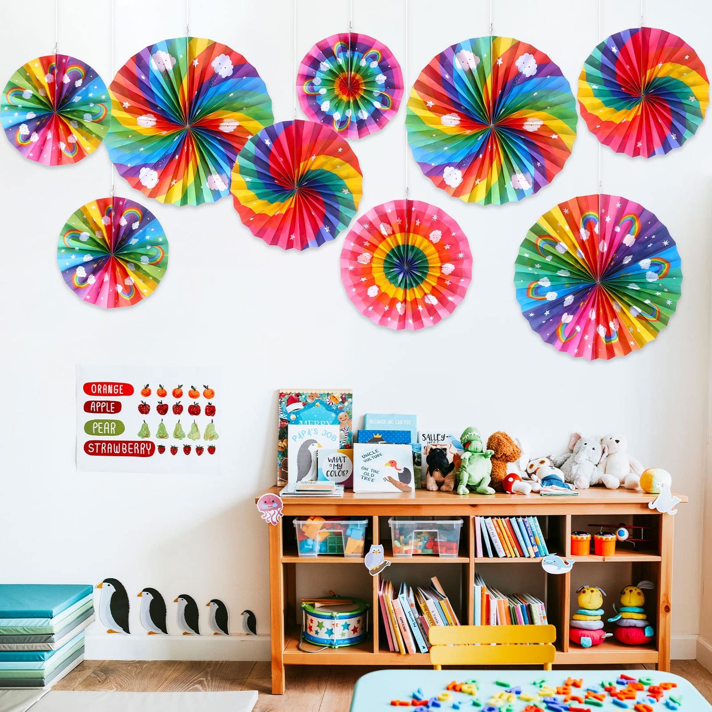 Outus 9 Pcs Rainbow Party Decorations Paper Fans Boho Classroom Bulletin Board Decor Ceiling Wall Hanging Paper Fans for Rainbow Birthday Baby Shower Party Supplies