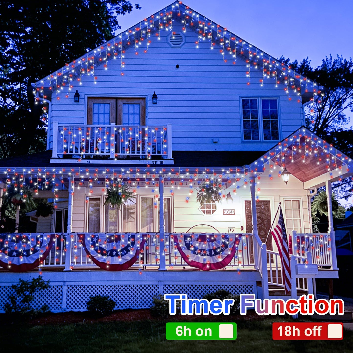 QITONG Red White and Blue Icicle Lights for Outside, 33ft 400 LED 4th of July Icicle Lights with 8 Modes, Clear Wire Connectable String Lights Plug in for Patriotic Independence Memorial Day Decor