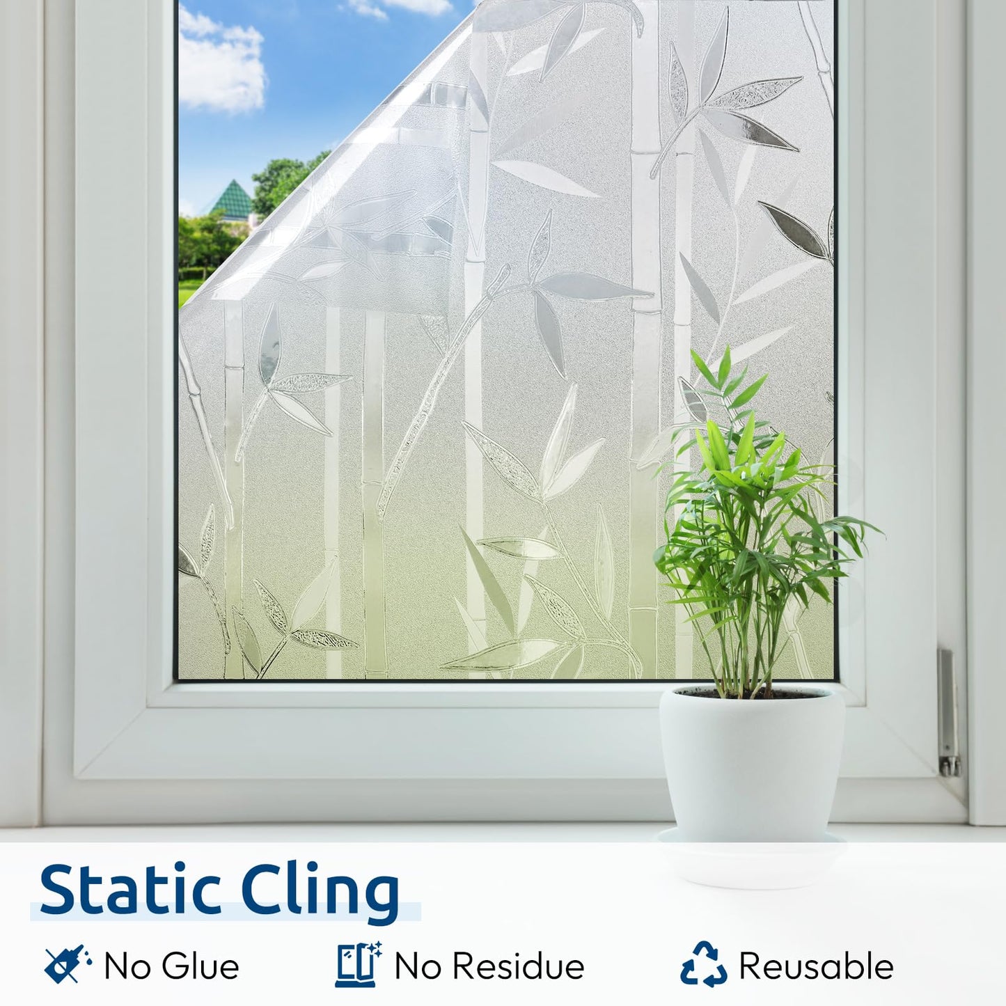 rabbitgoo Window Privacy Film Frosted Bamboo Pattern, Removable UV Blocking Stained Glass Decals Covering Decorative Window Cling for Home, 17.5 in X 6.5 Feet, Regular