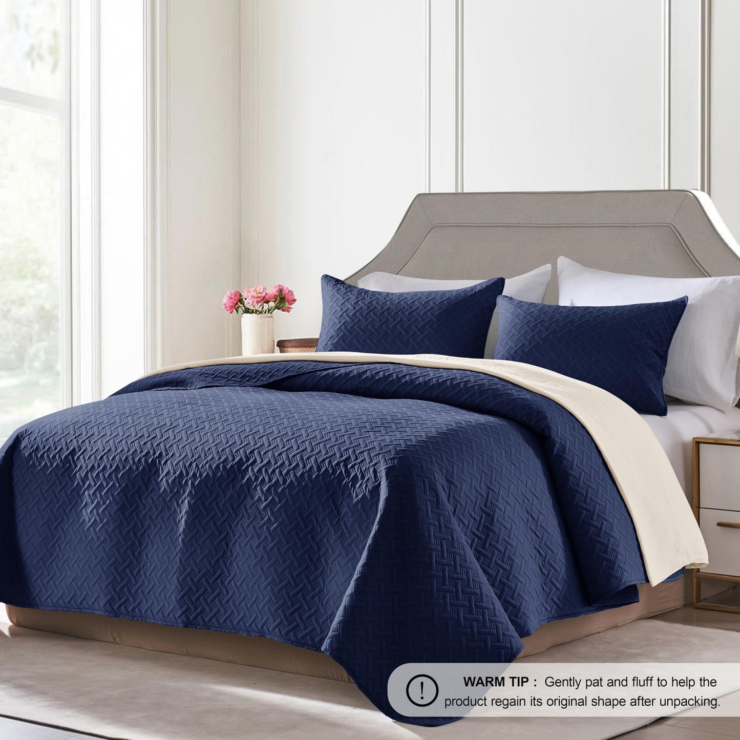 FLYMME Quilts Queen Size - Ultra Soft Navy Blue Quilt Lightweight Microfiber Bedspreads, Classic Basket Weave Pattern Bedspread Bed Coverlet 3 Pieces for All-Season (1 Quilt, 2 Pillow Shams)