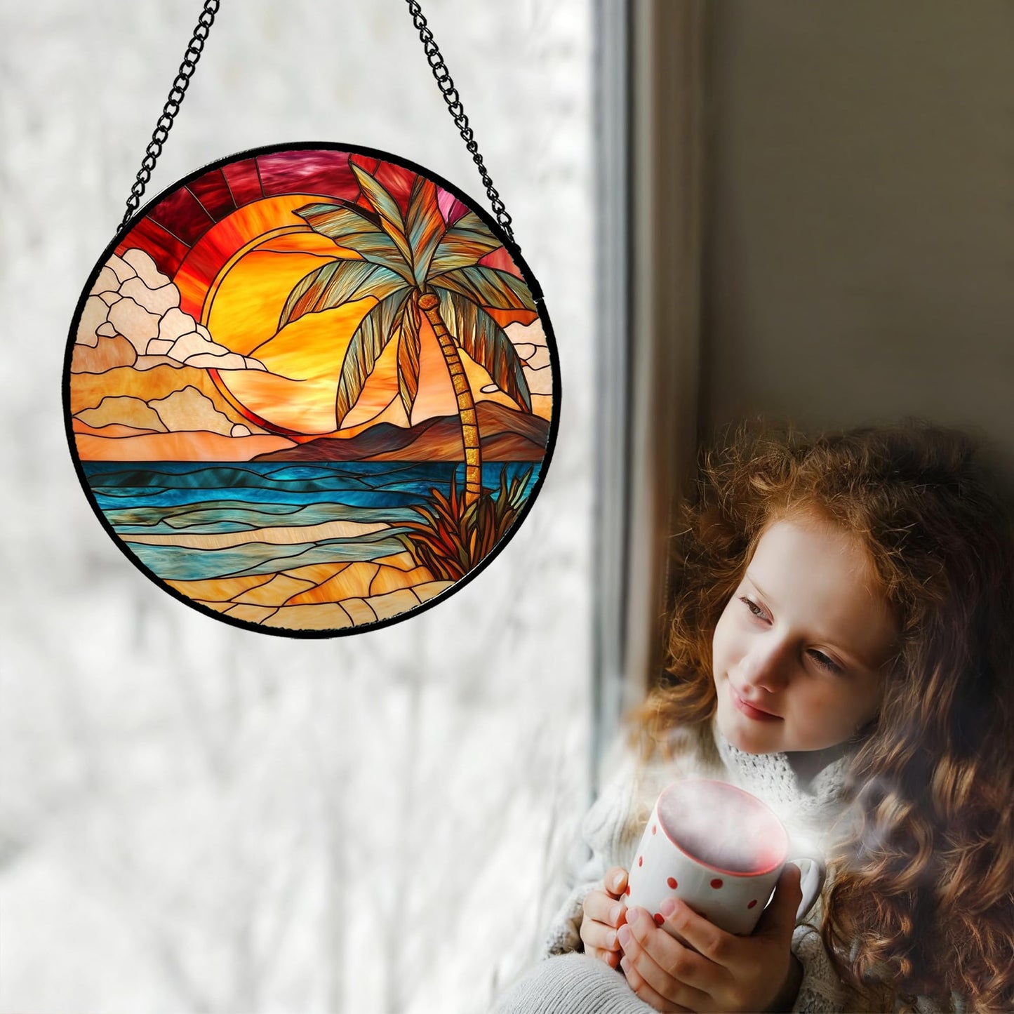 CHATYOUNG Stained Glass Window Hanging Sunrise Over A Blue Ocean Landscape 7.8" - Suncatcher Door Garden Home Decor Birthday Christmas for Men Woman Mom Nana Grandma Girl Dad