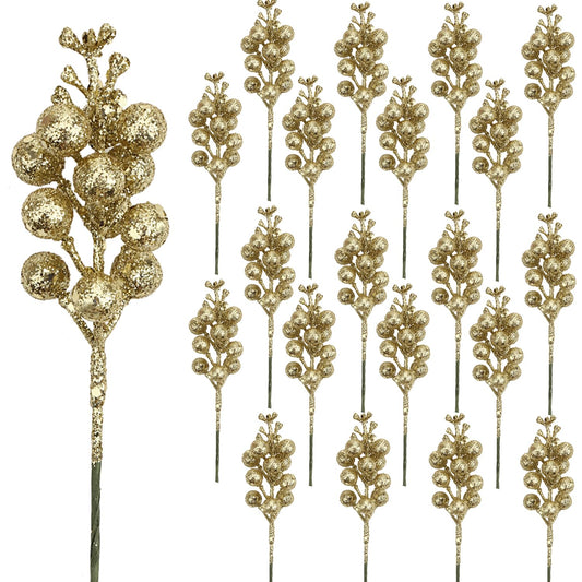 DIYASY Champagne Glitter Berry Stems,20Pcs Artificial Xmas Picks and Sprays Christmas Tree Filler Branches Ornaments Holiday Wreath Garland Decorations Home Décor 7.8 Inch