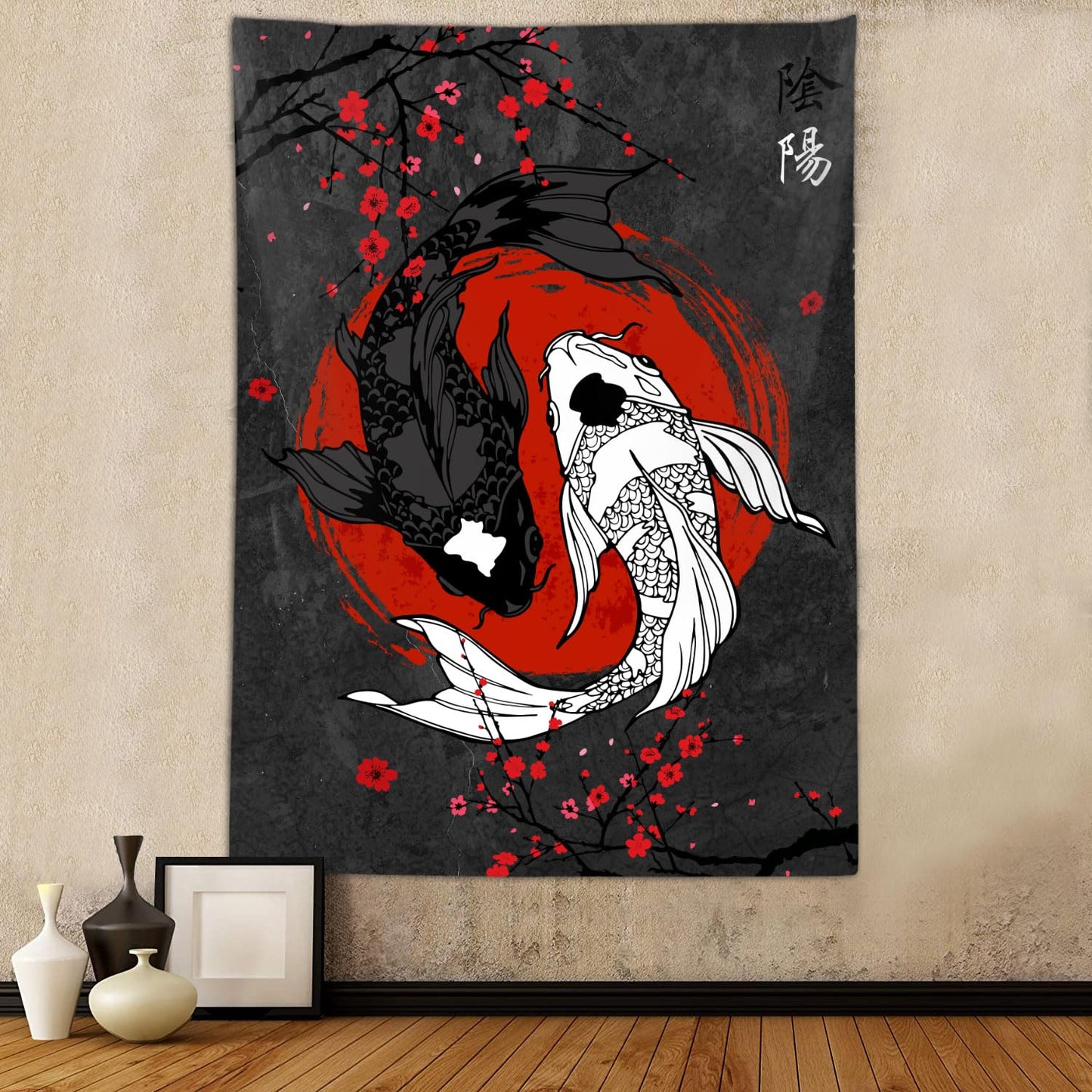 Sanzugh Japanese Yin Yang Koi Fish Tapestry, Cool Red and Black Anime Sakura Art Tapestries Vertical Wall Hanging for Men Bedroom Living Room Office Decor 40X60, Asian Cherry Blossoms Posters