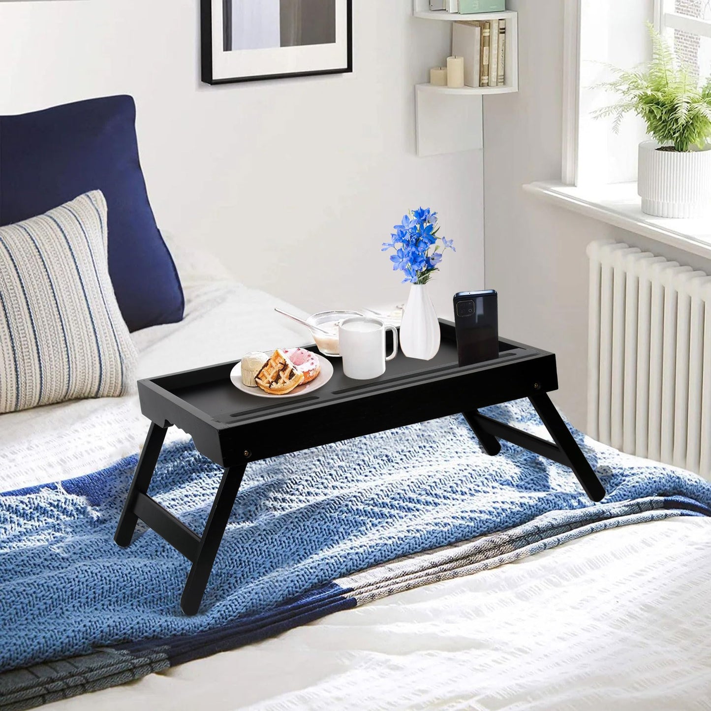 Asuthzon Bed Tray Table with Foldable Legs, Breakfast Trays for Eating on Couch with Media Slot in Bed, Eating, TV Tray, Kitchen Serving Tray(Black, Medium)