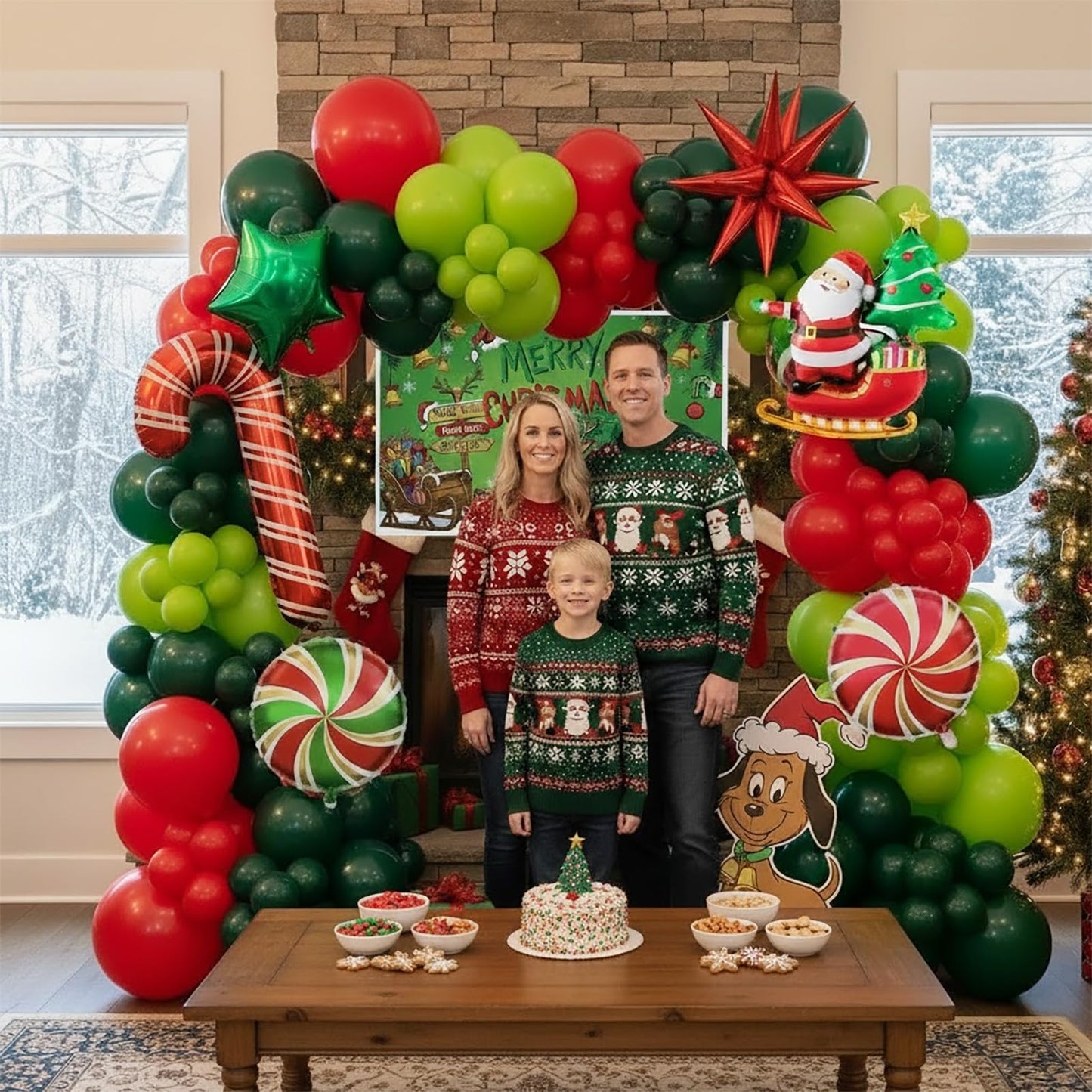 Christmas Balloon Garland Arch Kit with backdrop Xmas Red Green Balloons Candy Cane Santa Claus Star Foil Balloons for Christmas New Year Birthday Party Decorations