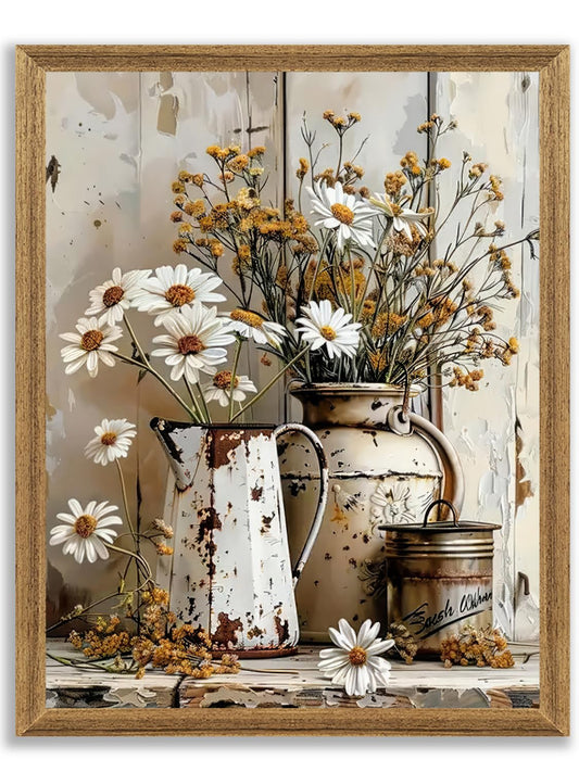 Krtoni Framed Farmhouse Vintage Canvas Wall Art, Rustic Floral Paintings Artwork Wall Decor, White Daisy Flower With Iron Kettle Theme Poster Print for Living Room Bedroom Bathroom Study 10''L x 8''W