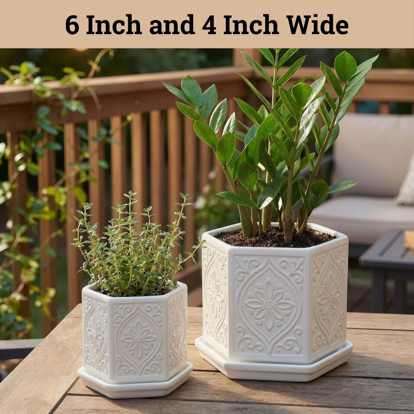 Ceramic Pots for Plants Set of 2 Sizes - 6 Inch and 4 Inch Wide Plant Pots Indoor with Drainage and Saucer - White Planters for Indoor Plants - Ceramic Planter Pot with Tray for Flowers & Houseplants