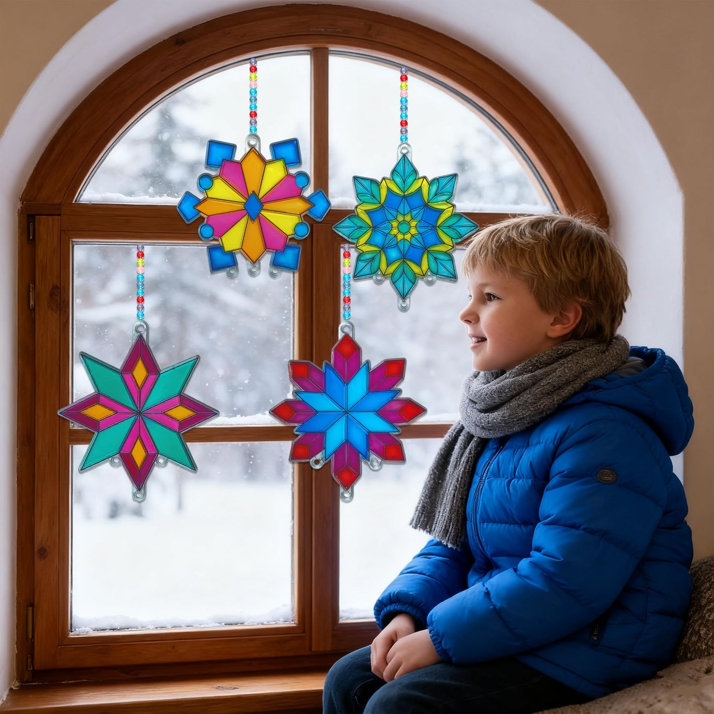Ayhuhra 30 Sets Winter Snowflake Wind Chime Suncatchers Craft Kits DIY Window Paint Art Kit Christmas Snowflake Craft for Classroom Winter Christmas Holiday Seasonal Activities Art Project