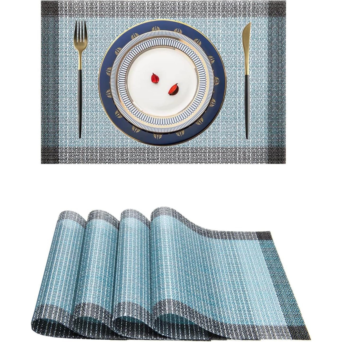 Niviy Blue Grey Ethnic Boho Placemats Set of 4, 12x18 Inch Linen Burlap Washable Durable Art Table Mats for Holiday Party Kitchen Dining Room Decoration