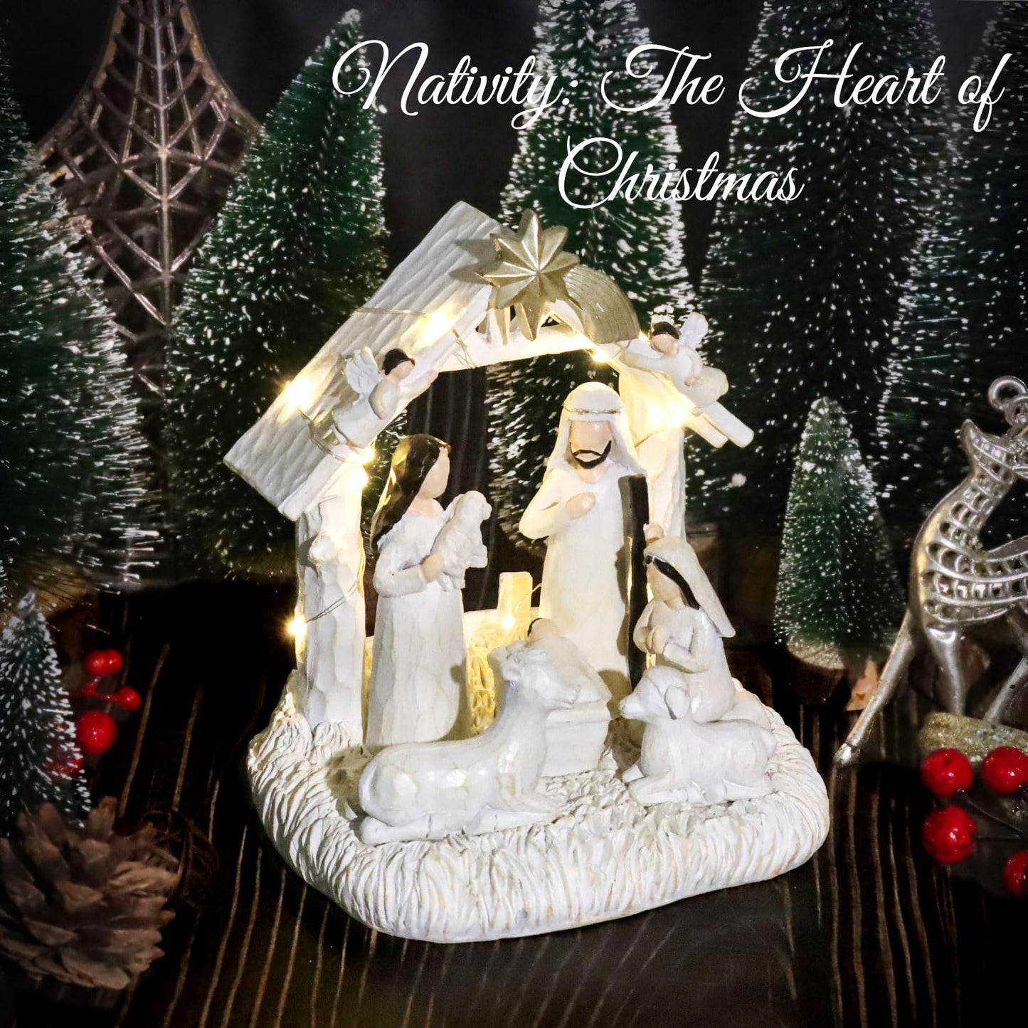 EBINGMIMA Nativity Set with LED Lights, Nativity Scene with Manger, Christmas Nativity Sets & Figures for Table Decoration