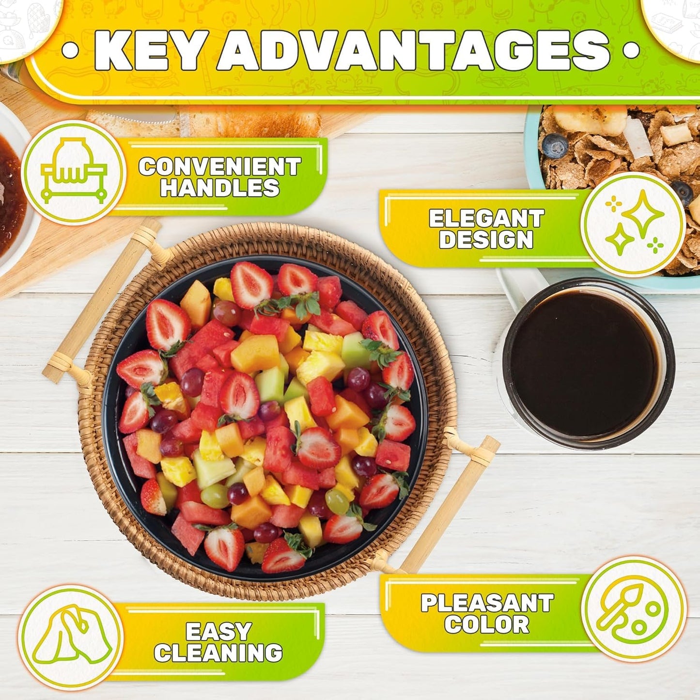 Rattan Tray 8.7-Inch Round – Woven Serving Basket with Handles – Holidays Romantic Decorative Tray for Coffee Table, Bread, Fruit, Vegetables, Restaurant & Home Use Charming Styling Coffee Table Decor