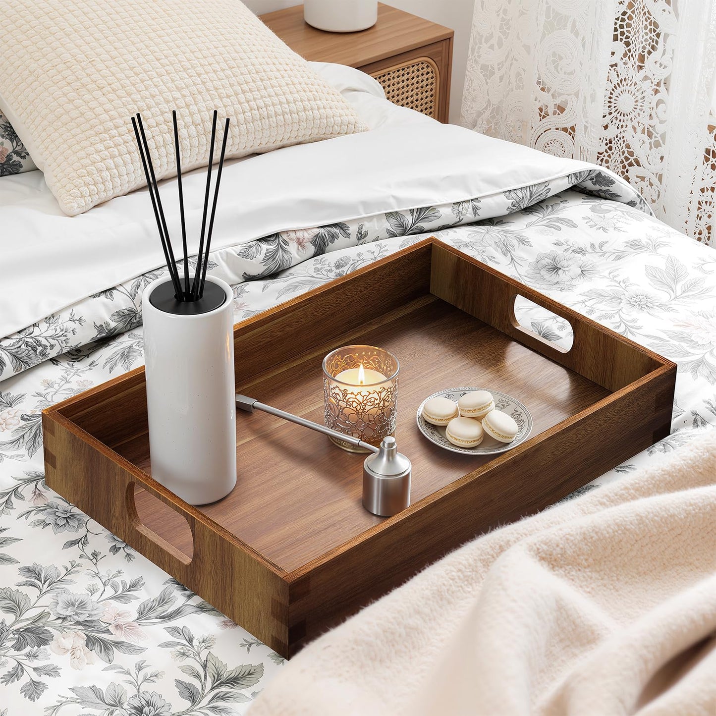 EdenDwell Acacia Serving Trays - 2 Pack, Acacia Wood Serving Platterss, Wood Serving Tray, Decorative Trays for Breakfast, Brunch, Dinner, Coffee Table, Party, Kitchen-M