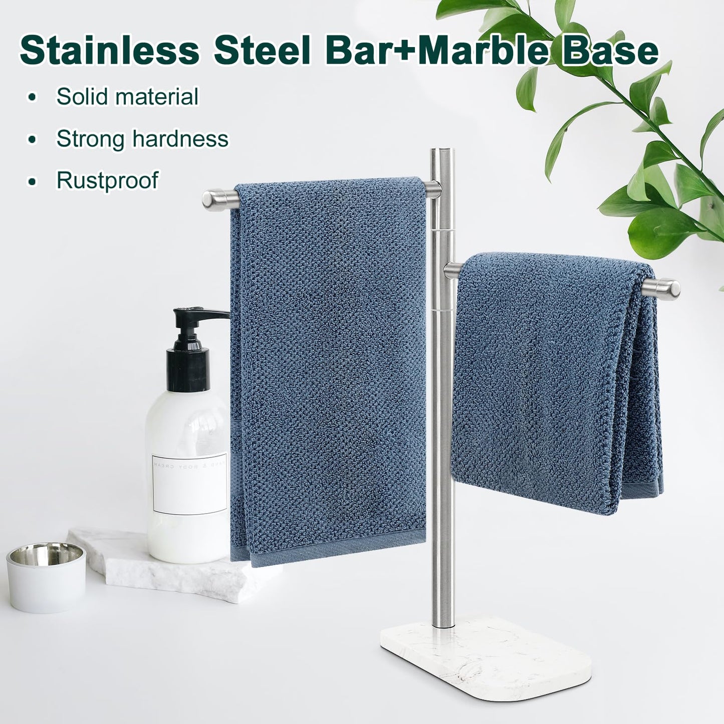 BathAce Hand Towel Holder, F-Shape Hand Towel Stand with Marble Base, Stainless Steel Swivel Hand Towel Rack Standing Towel Bar for Bathroom Kitchen Countertop, 2 Arms (Brushed Nickel)