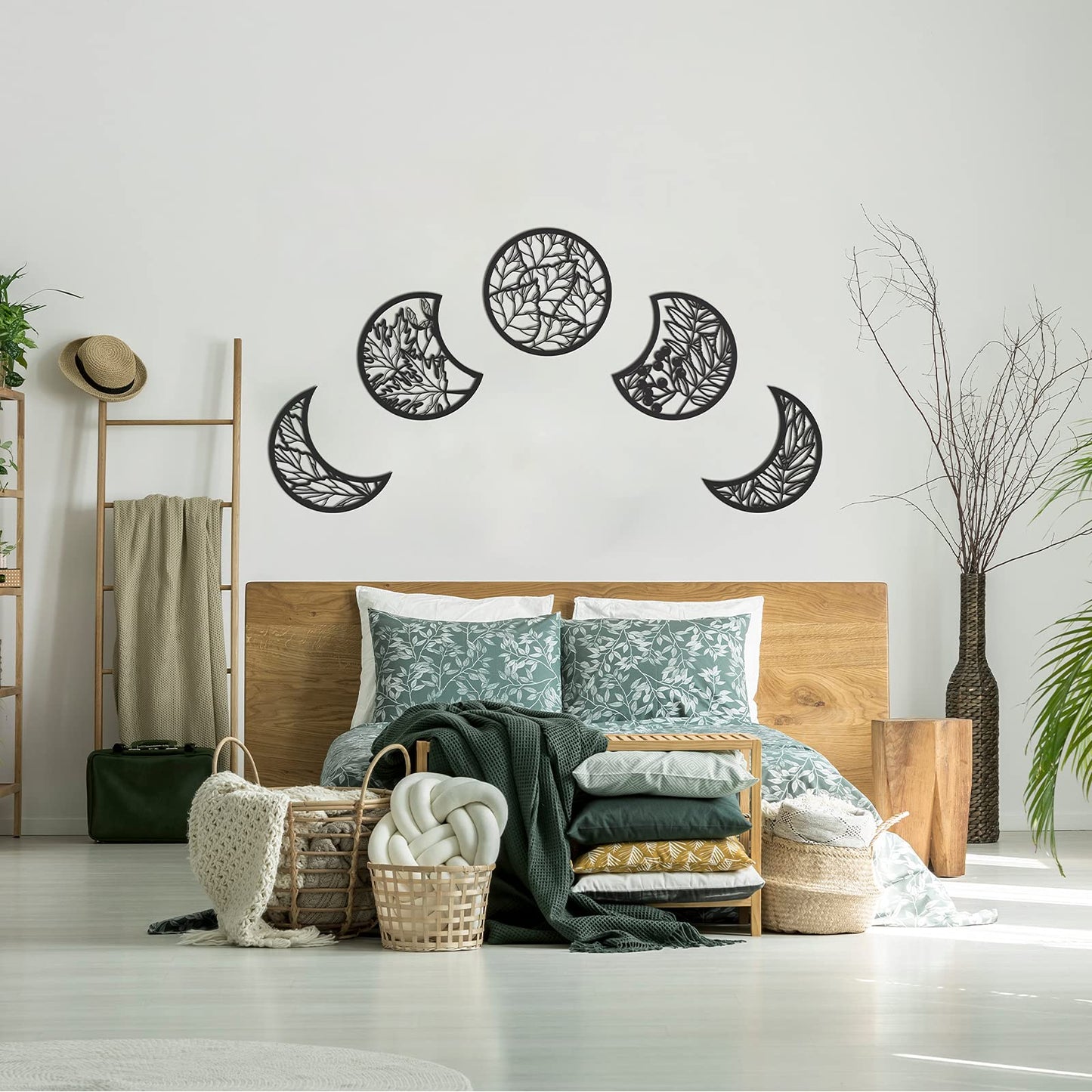 Jetec 5 Pcs Moon Phase Wall Art Decor Wall Pediments Hanging Wooden Phase Spiritual Bedroom Nordic Boho Lunar Aesthetic Art for Living Room Dorm Apartment Ornament(Black,10.6 Inch,Botanical)