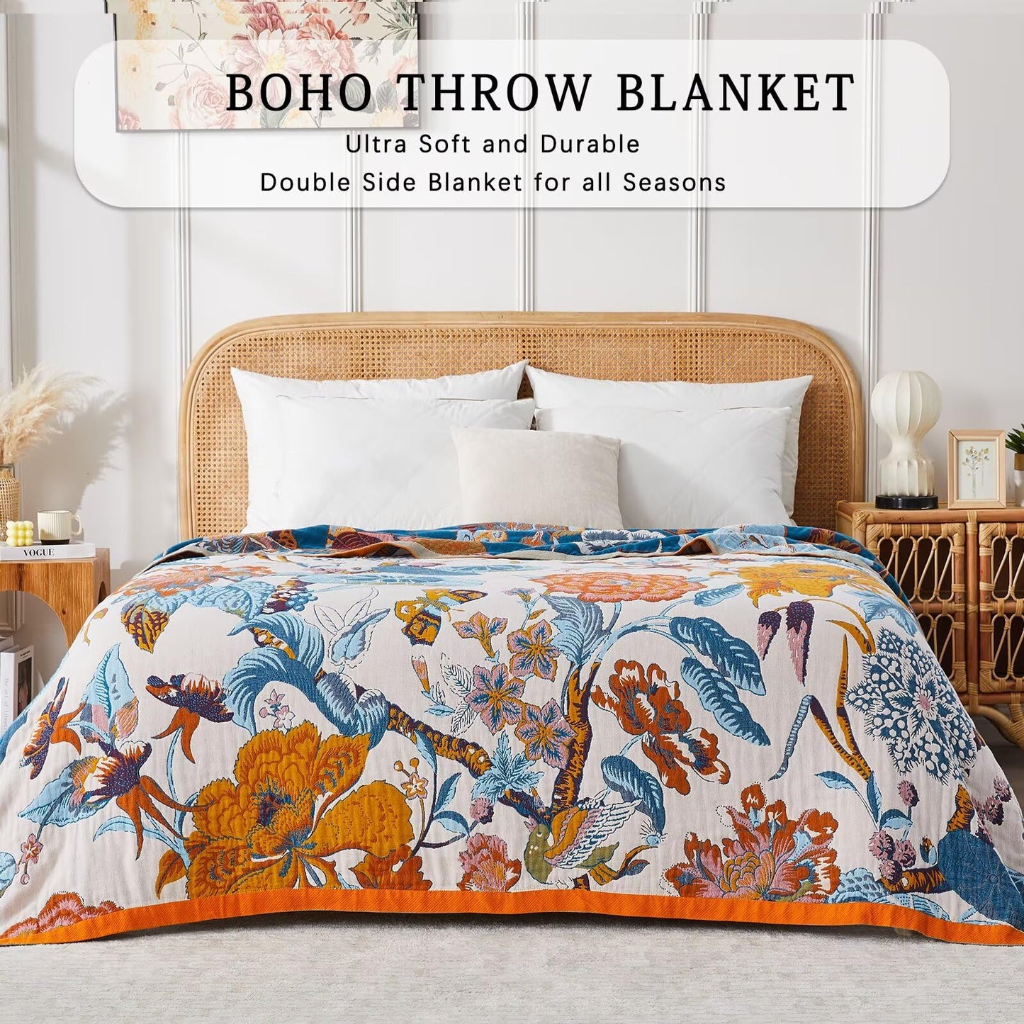 HBNDIL Boho Blanket Soft Muslin BohoThrow Blanket, 100% Cotton Floral Printed Farmhouse Decor All Season Reversible Rustic Throw for Sofa Couch Chair (Beige, 50"x60")