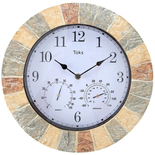 Lily's Home Hanging Wall Clock, Includes a Thermometer and Hygrometer and is Ideal for Indoor and Outdoor Use, Wonderful Housewarming Gift for Friends, Faux-Stone (13 Inches)