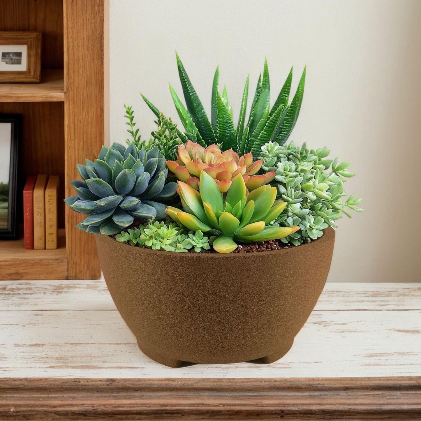 TINYVISTA 7” Brown Unglazed Bonsai Pot with Drainage Holes - Ceramic Clay Planter for Ficus Trees, Succulents & Indoor Plants, 3.3" High Round