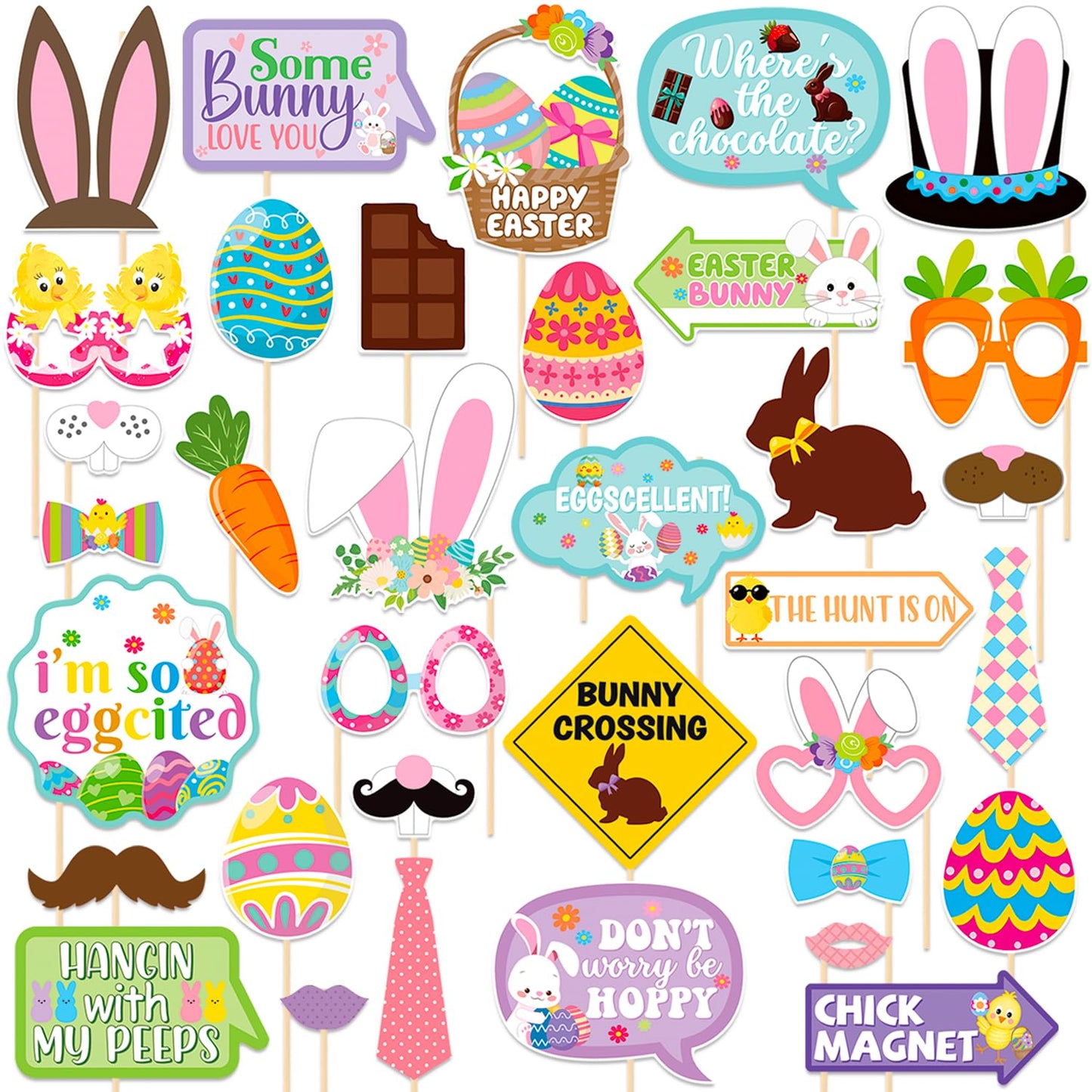 Easter Party Decorations Happy Easter Photo Booth Props Kit Cute Eggs Bunny Glasses Birthday Photography Props Rabbit Chick Eggs Spring Party Decorations Supplies 35 Pieces