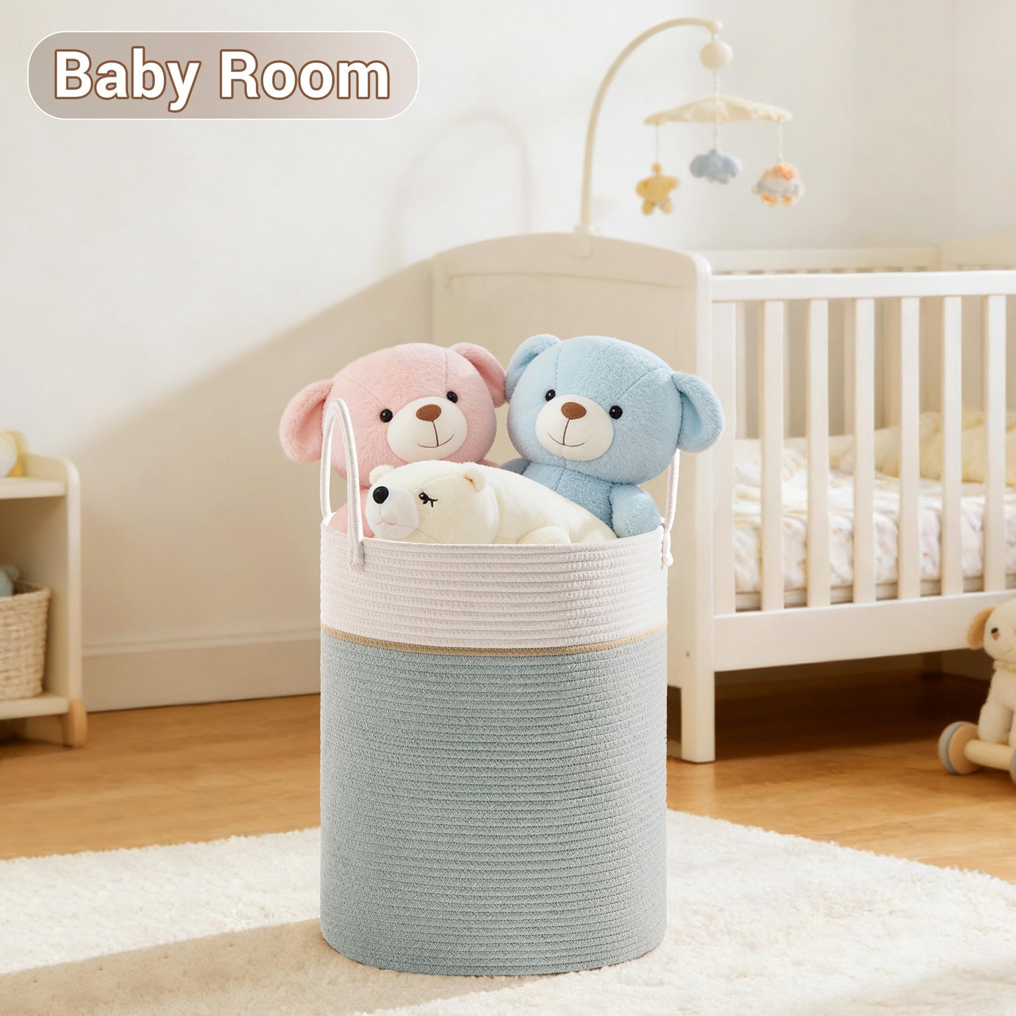 SunNewt Tall Laundry Basket with Handles, 72L Portable Dirty Clothes Hamper, Boho Cotton Rope Storage Bin for Blankets Kids Toys Gifts, Large Organizer for Baby Nursery Bedroom Bathroom, Sage Green