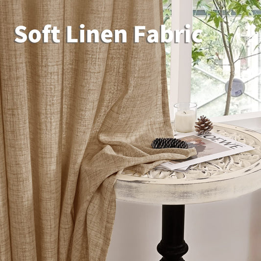 YoungsTex Burlap Linen Curtains 63 Inch Length 2 Panels for Bedroom, Toffee Tan Semi Sheer Drapes Textured with Bronze Grommet Light Filtering for Living Room Farmhouse, 52 X 63 Inch