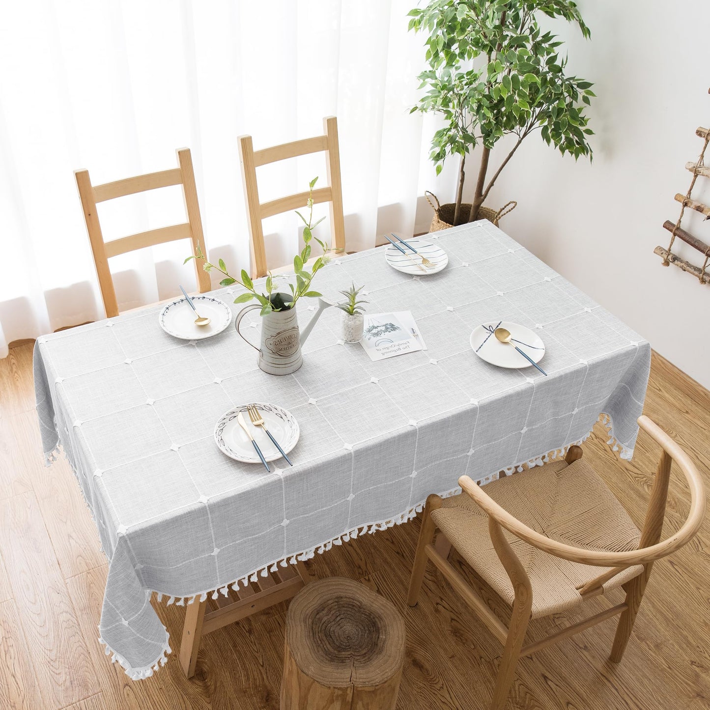 Oubonun Tablecloths for Rectangle Tables, Cotton Linen Waterproof Farmhouse Table Cloth with Boho Tassels – Wrinkle Free, Wipeable & Washable for Kitchen & Dining, 55''x70'', 4-6 Seats, Grey