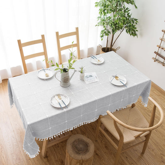 Oubonun Tablecloths for Rectangle Tables, Cotton Linen Waterproof Farmhouse Table Cloth with Boho Tassels – Wrinkle Free, Wipeable & Washable for Kitchen & Dining, 55''x70'', 4-6 Seats, Grey
