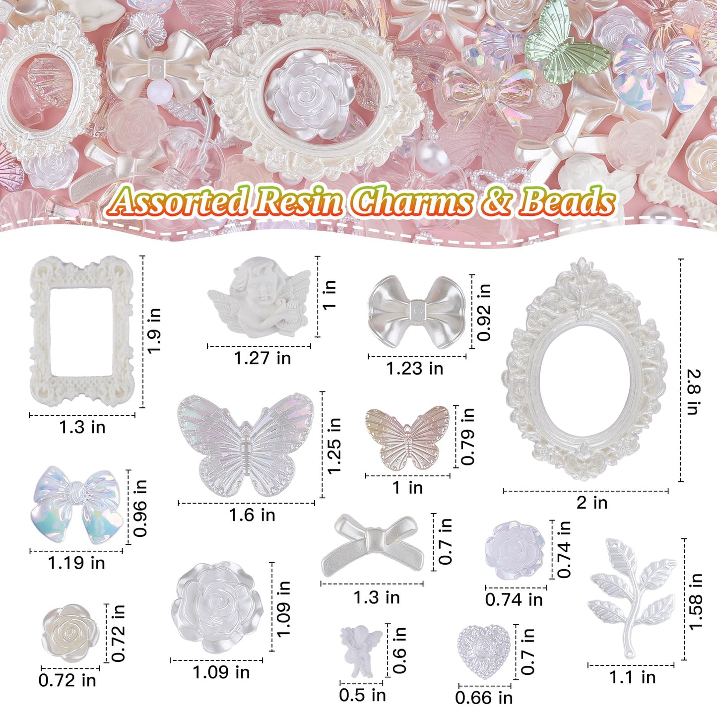Kikonoke 350 Pieces 3D Resin Rose Flower Bows Butterfly Embellishments Angel Charms Picture Frame with Flatback Pearl Beads for Craft DIY Making Supplies (White)