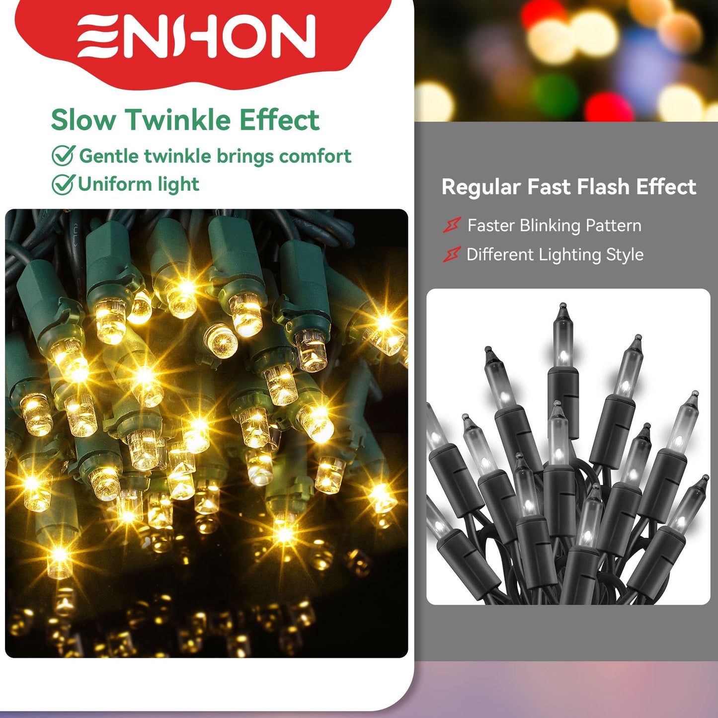 Enhon Slow Twinkling Christmas Light, 100 Lights 35 Ft Twinkle Pulsing Christmas, 5mm LED Wide Angle Soft Random Shimmering Set with Green Wire(Warm White,1 Pack)