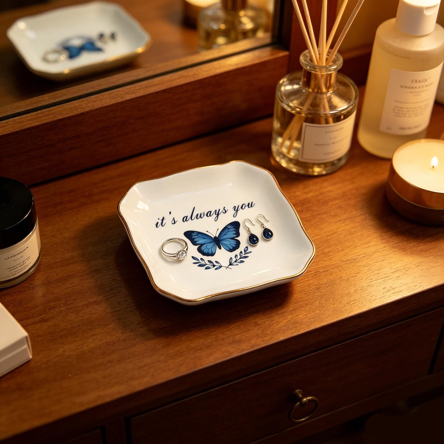 Ceramic Jewelry Tray, Decorative Blue Butterfly Trinket Dish for Rings Earrings Necklaces Bracelet Watch Keys, "It's Always You" Jewelry Dish Birthday Mother's Day Christmas Romantic Gift for Women